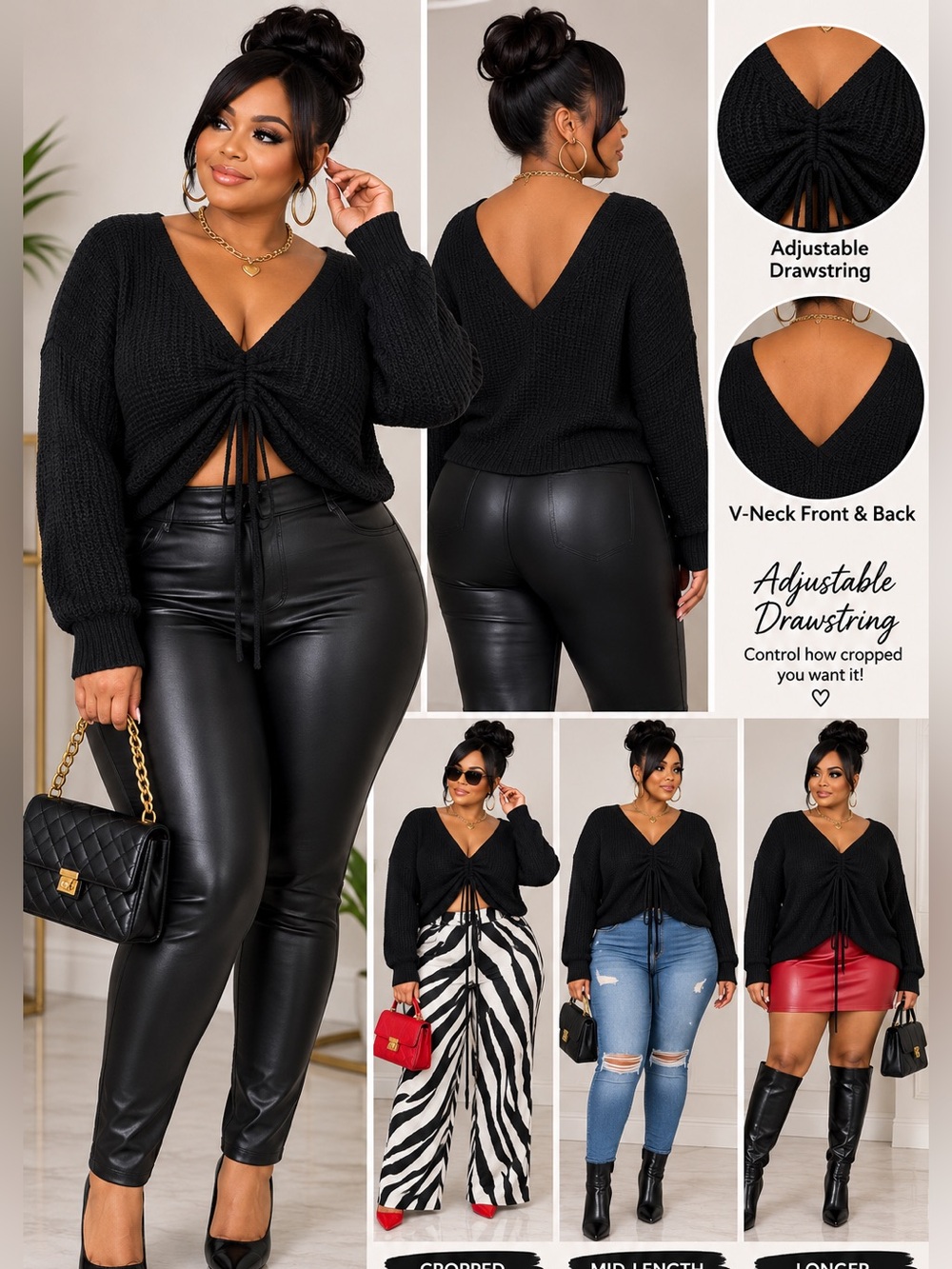Black V-Neck Drawstring Cropped Sweater Top - Women
